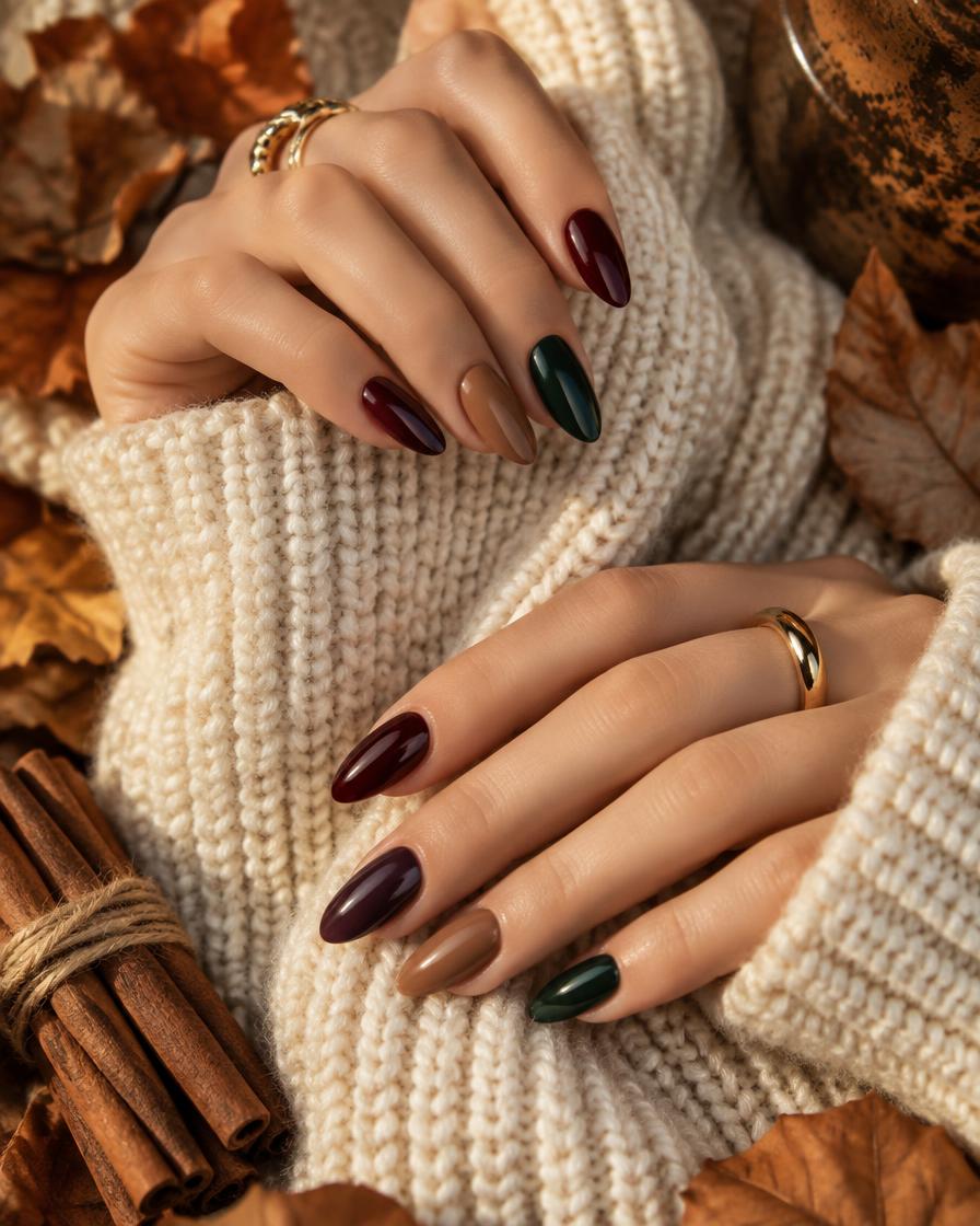Bordeaux, plum, chai and forest green dip powder nails on a cream knit sweater