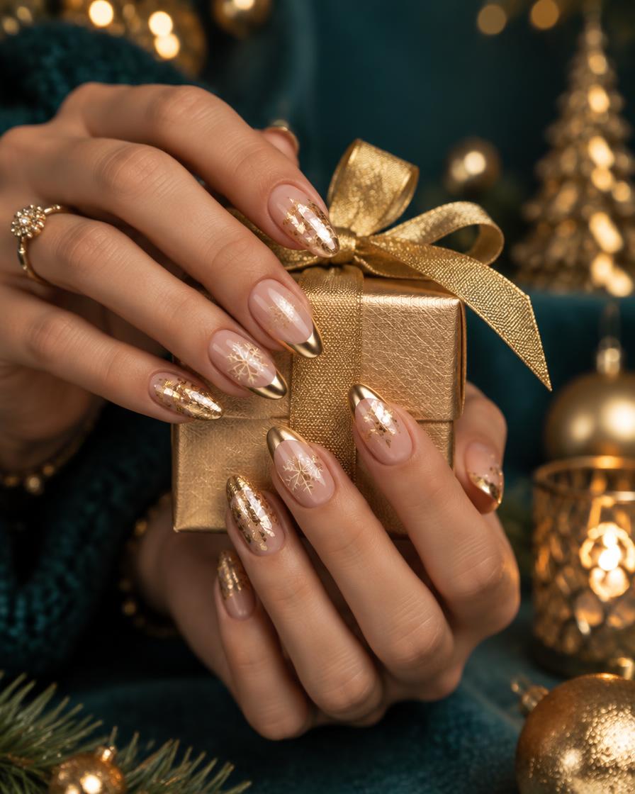 Gold foil French tips and snowflake nail art holding a gold-wrapped gift