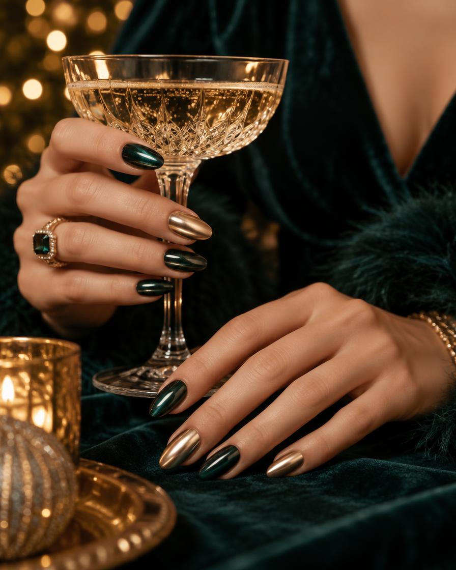 Emerald velvet and champagne chrome nails holding a crystal champagne coupe