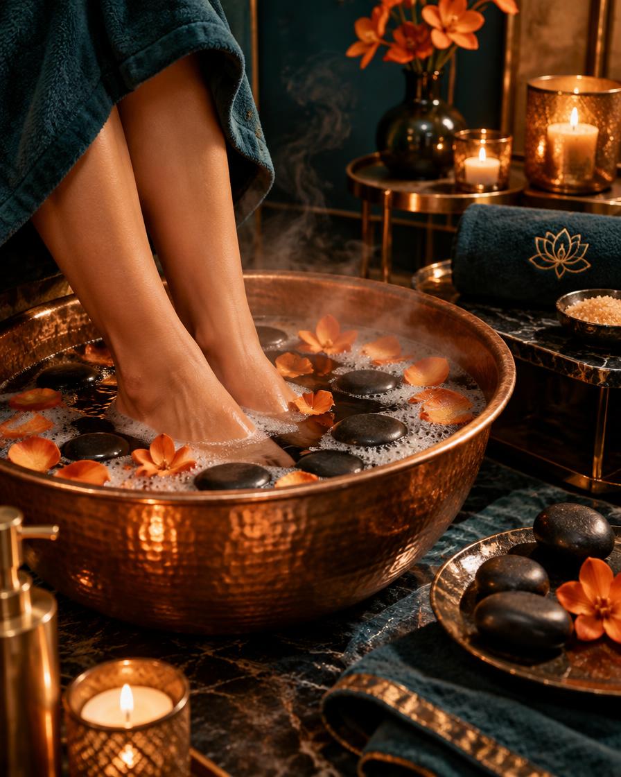Volcano spa pedicure in a copper basin with heated stones and candlelight
